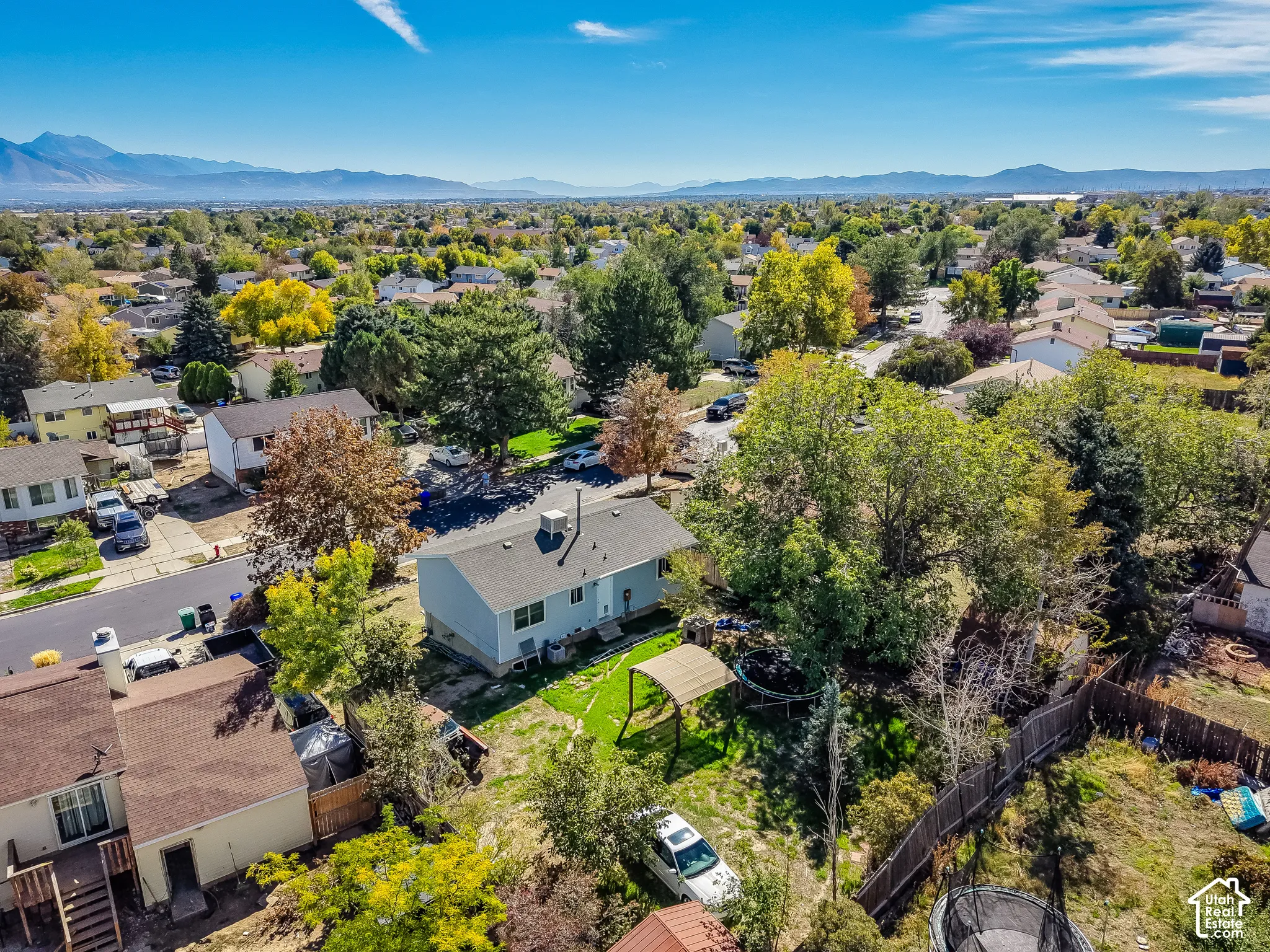 Suburban neighborhood featuring a variety of mature trees and distant mountain ranges