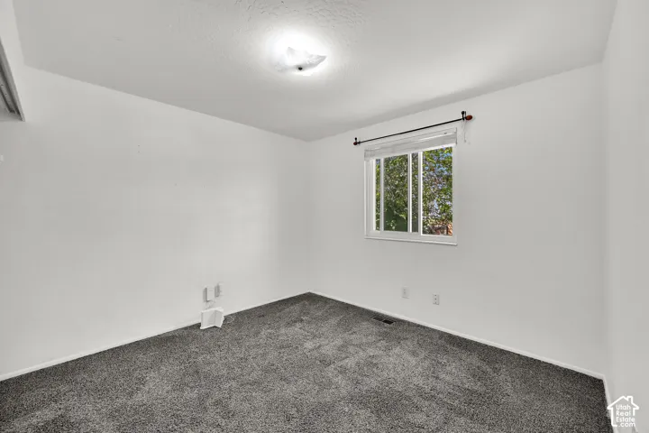 Grey carpeted flooring with white wall finishes, a white-framed window, and a ceiling-mounted light fixture