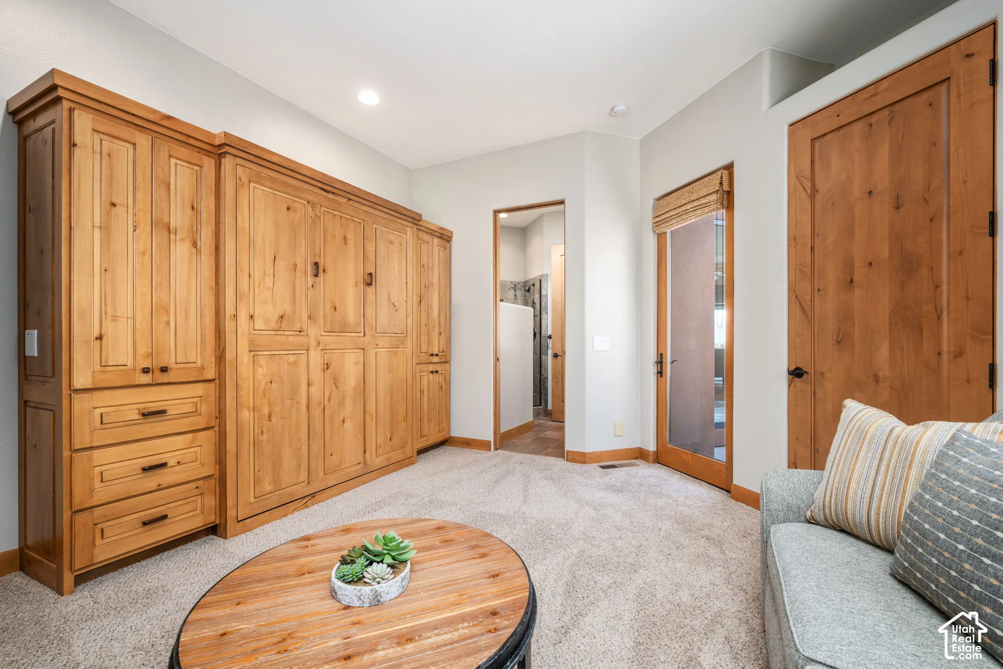 Built-in wood-finish cabinetry, wood-finish doors, recessed lighting, and carpeted flooring