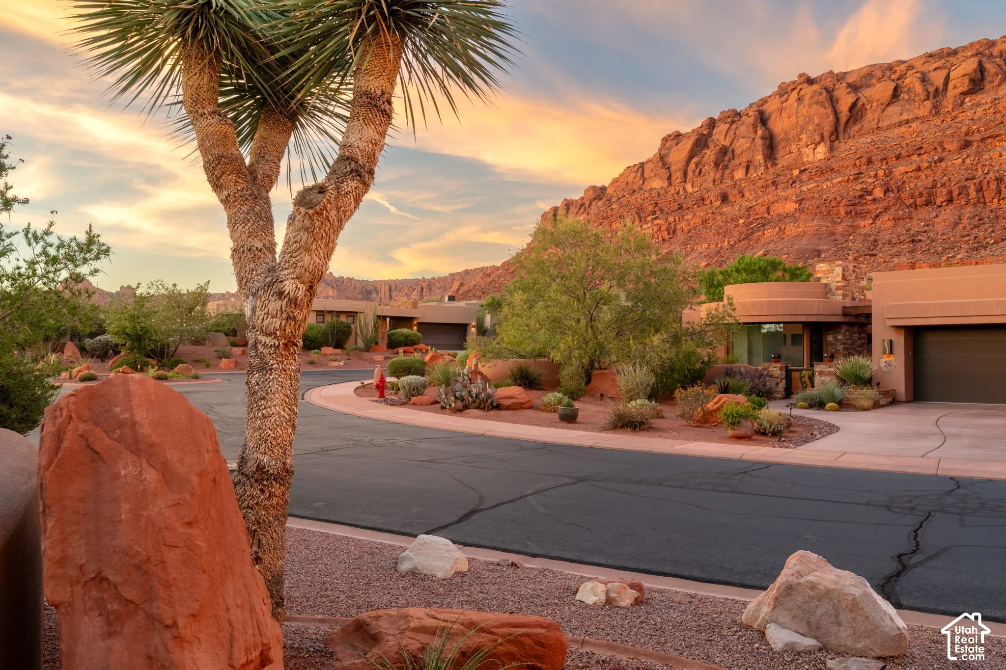 Desert landscape with a paved road, natural rock formations, and desert foliage