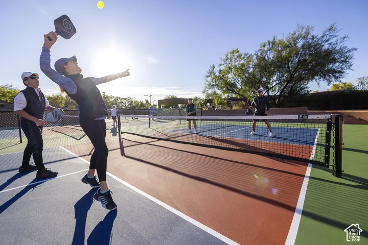 Recreational sports court featuring distinct color-blocked playing surfaces and a net system