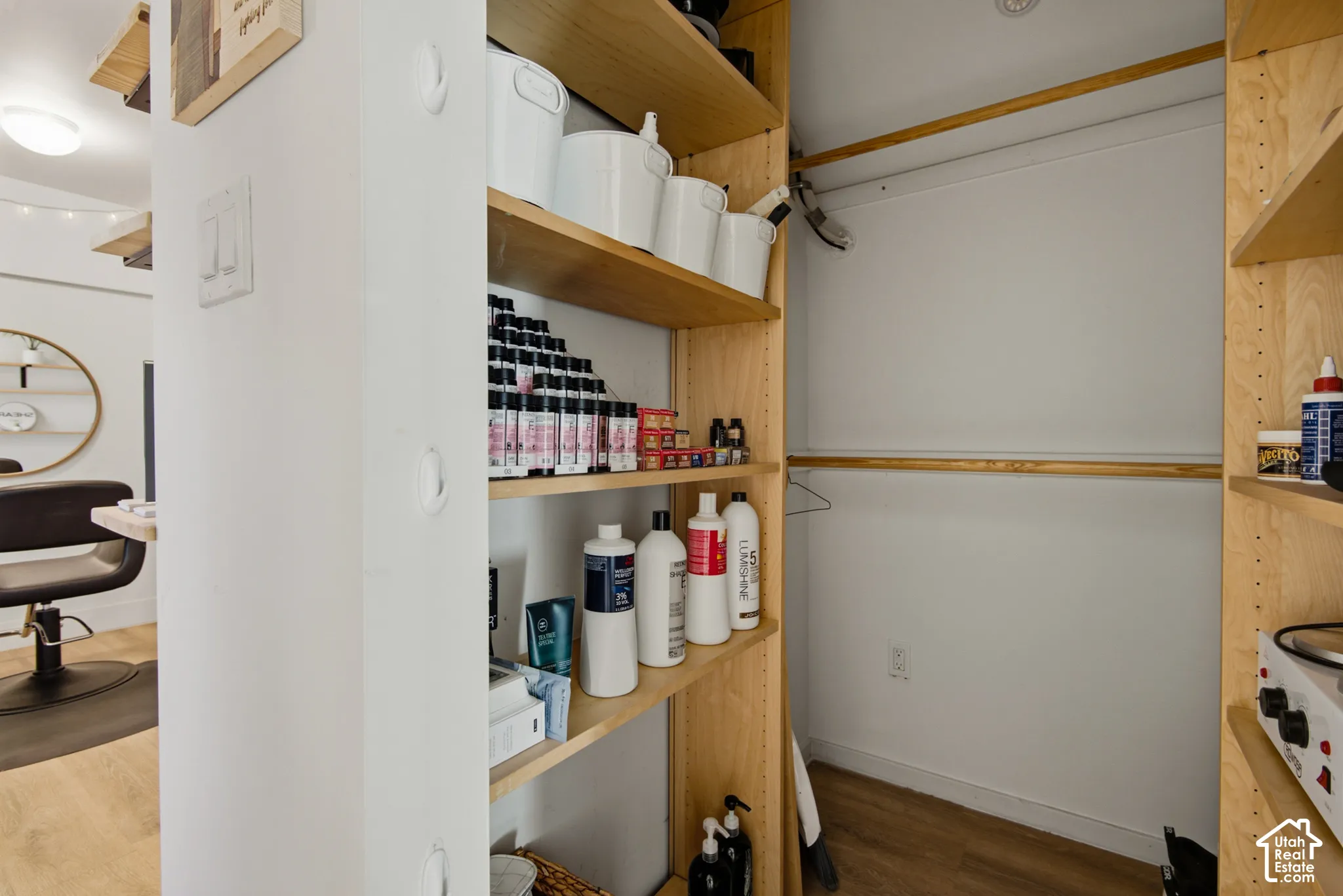 Built-in shelving with adjustable wood-finish shelves and a hanging rod