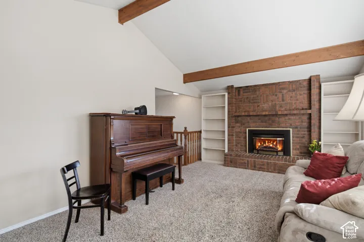 Gas Fireplace with Beautiful Masonry surround.