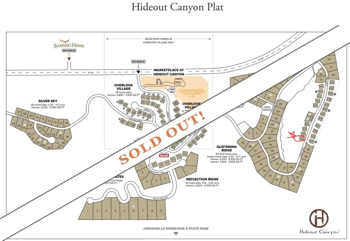 Plat Map, Hideout Canyon. Illustrating the property layout with designated sections and a "Sold Out" overlay