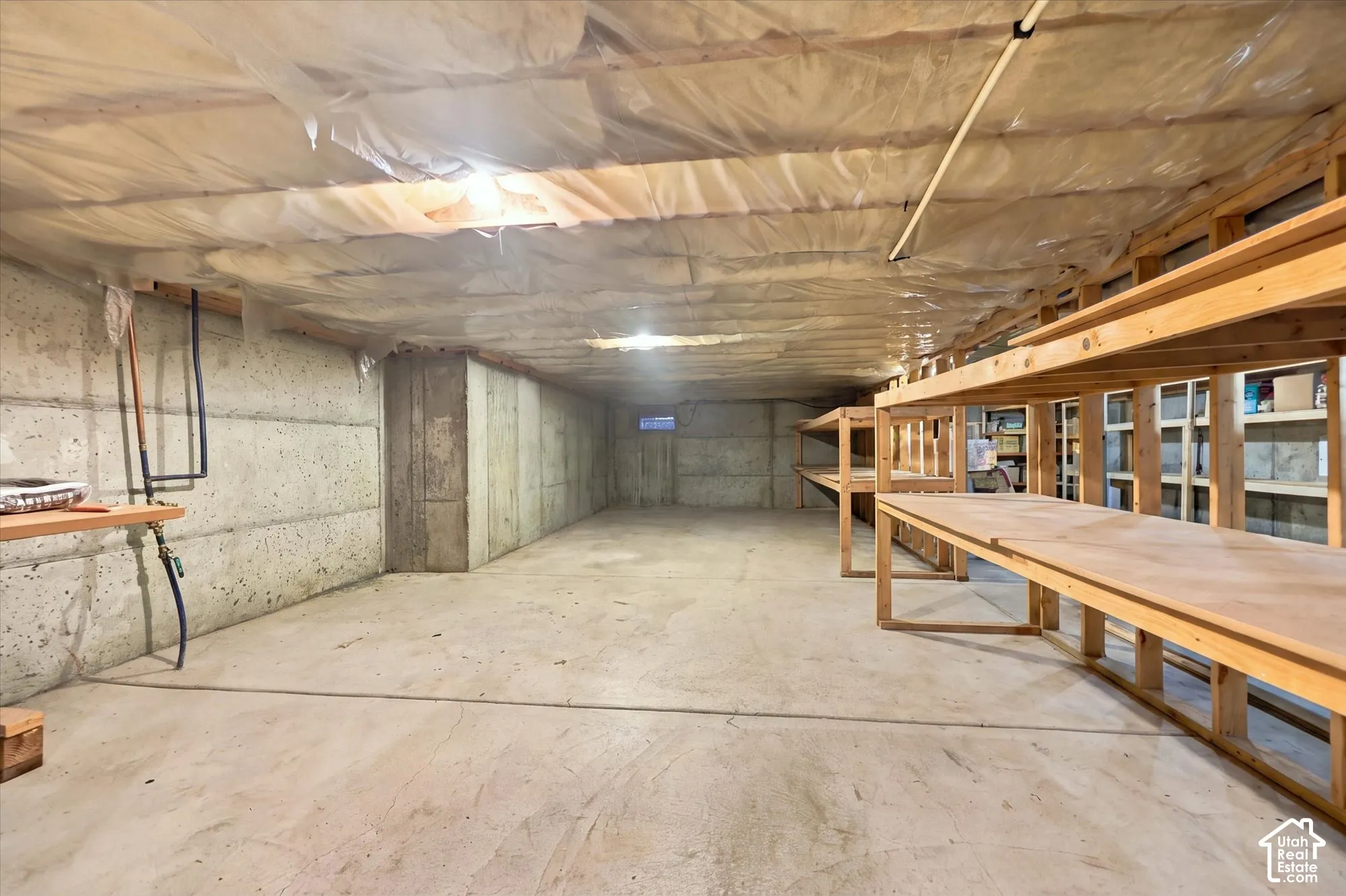 Unfinished storage area featuring concrete foundation walls, concrete flooring, exposed ceiling insulation, and extensive built-in wooden shelving units