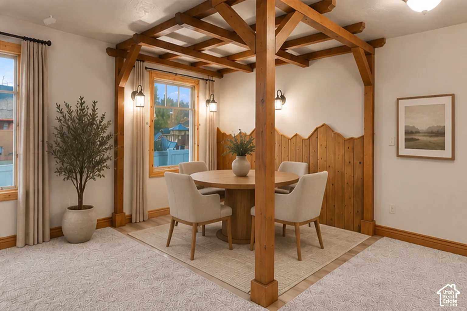Custom timber-frame pergola structure with matching vertical wood paneling, featuring wall-mounted lighting and oversized windows with natural trim