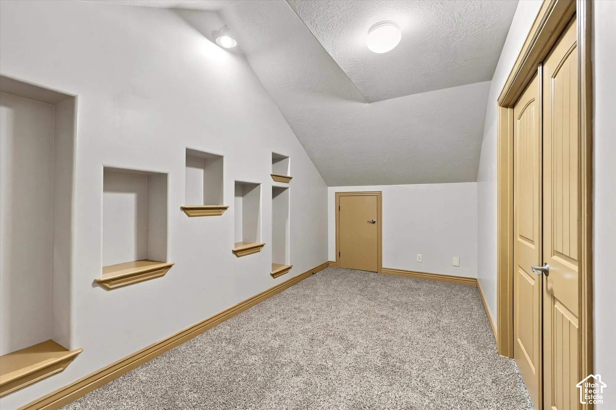 Vaulted ceiling featuring recessed wall niches with wooden shelving, wall-to-wall carpeting, flush-mount lighting, and solid-core interior doors