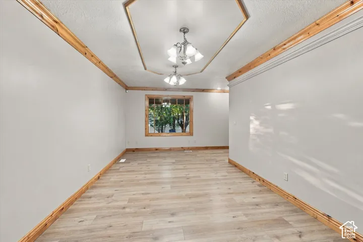 Room featuring wood-finish flooring, tray ceiling with wood-trim detailing, dual multi-light fixtures, and wood-framed window