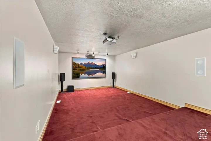 Dedicated media room featuring tiered flooring, a ceiling-mounted projection system, wall-integrated speakers, and track lighting