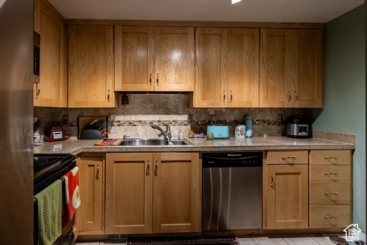 Kitchen featuring wood-finish cabinetry, stainless steel dishwasher, double basin sink, and a tiled backsplash