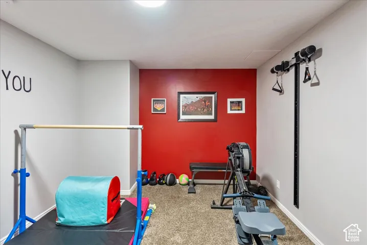 Enclosed room featuring neutral wall paint, a vibrant red accent wall, carpeted flooring, and a wall-mounted pulley system