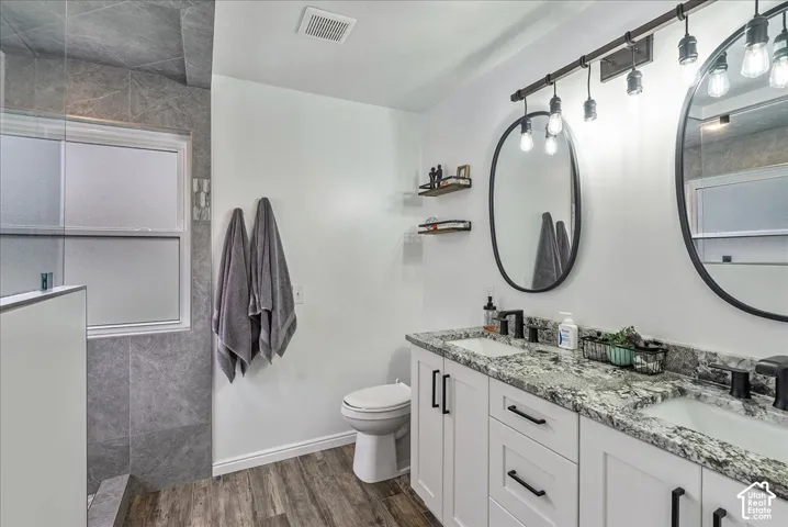 Double vanity featuring white shaker-style cabinetry, stone-patterned countertops, integrated rectangular sinks, matte black hardware, and dual oval mirrors with industrial-style light fixtures