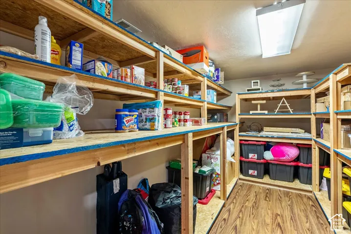 Storage area featuring floor-to-ceiling built-in wood shelving, wood-finish flooring, and integrated overhead lighting