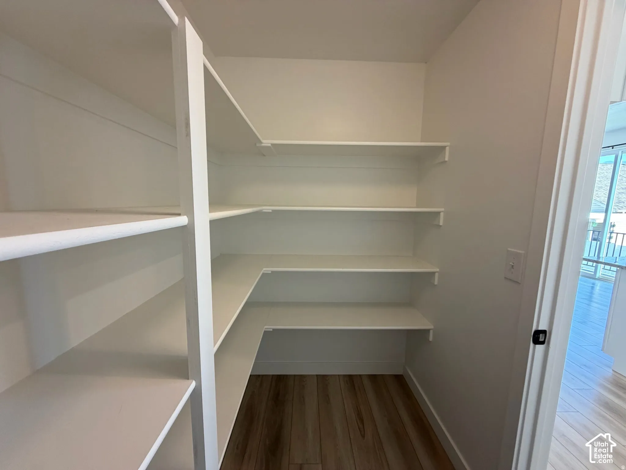 Built-in pantry shelving with durable wood-finish flooring