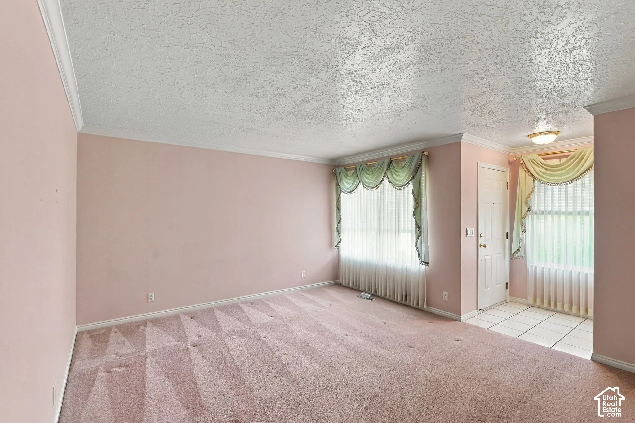 Textured ceiling, crown molding, double window with blinds, tiled entryway, and wall-mounted light fixture