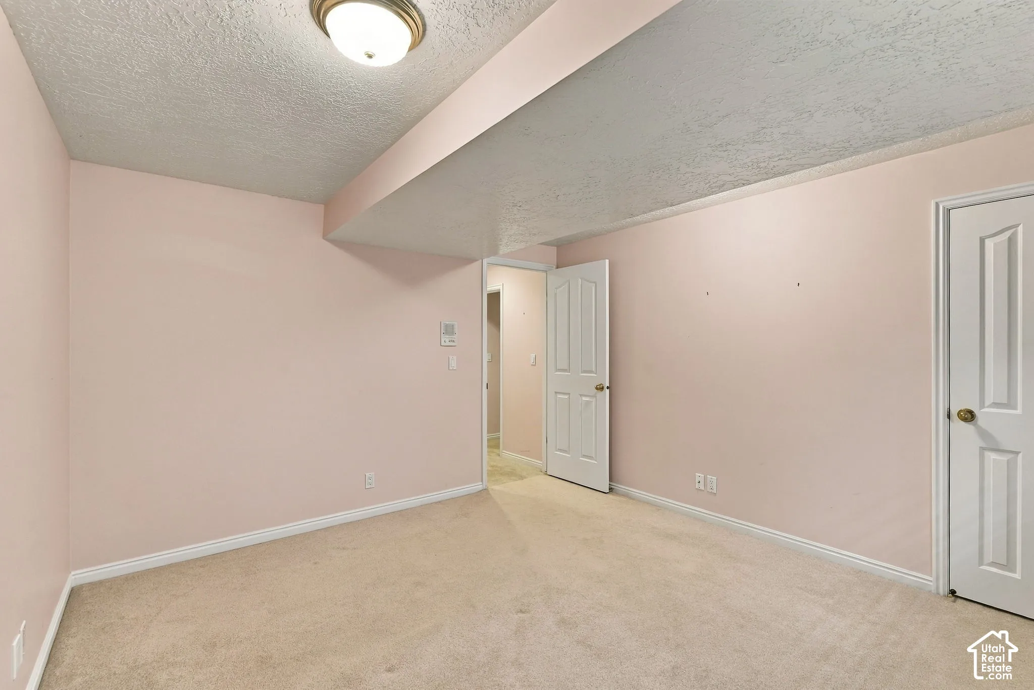 Carpeted flooring, recessed ceiling light fixture, and white trim