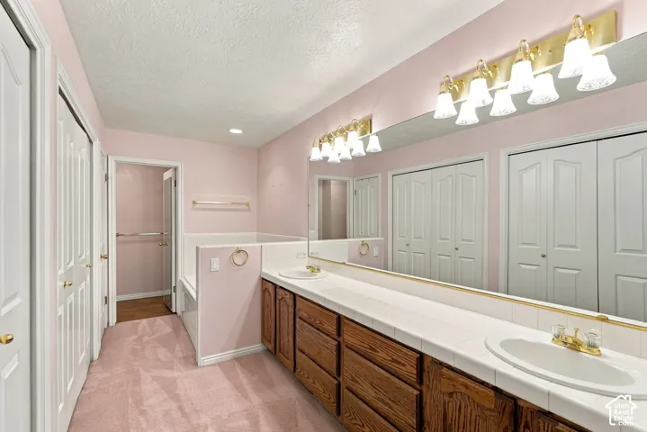 Double vanity with gold-finish fixtures, dual basins, and extensive countertop space