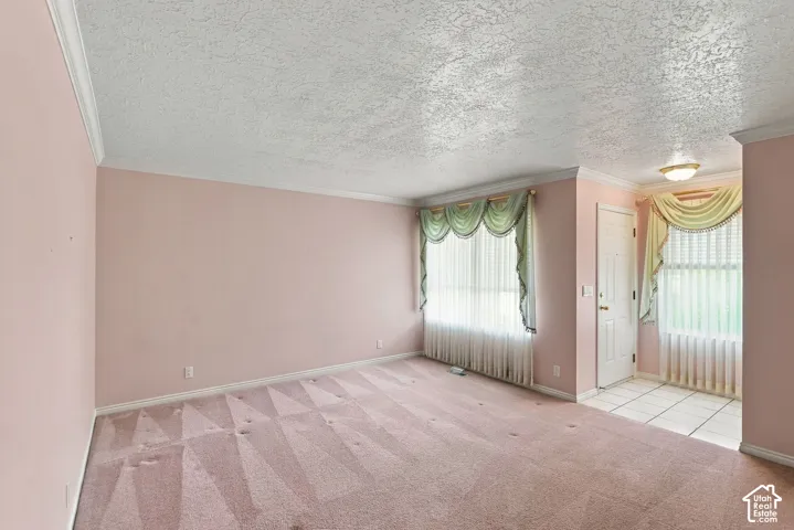 Textured ceiling, crown molding, double window with blinds, tiled entryway, and wall-mounted light fixture