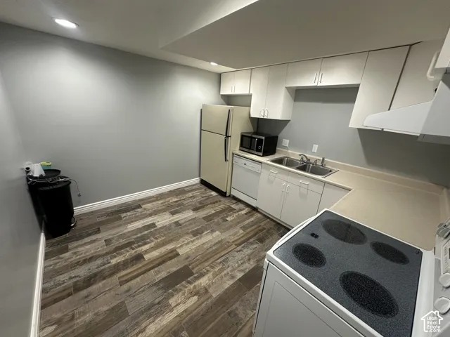 Kitchen featuring wood-finish flooring, white cabinetry, a dual basin stainless steel sink, and light-toned countertops