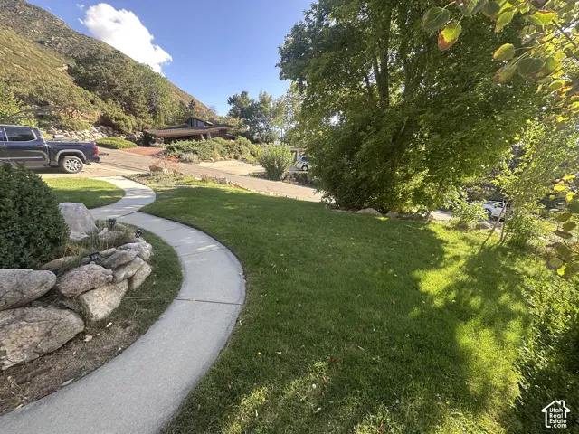 Curved concrete walkway bordered by a rock retaining wall, lush green lawn, and mature trees