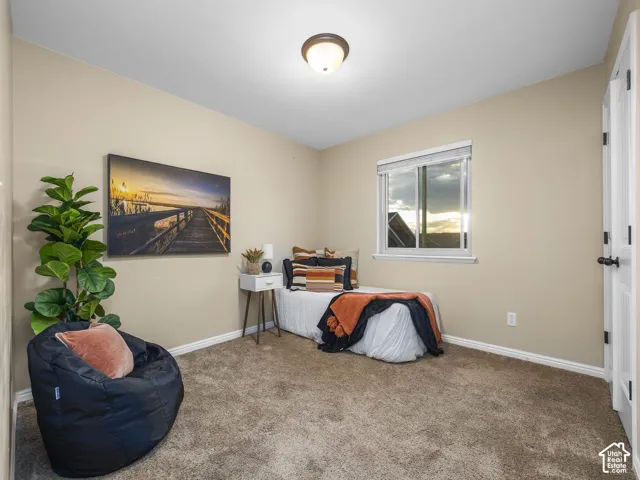 Carpeted flooring, neutral wall tones, single window with blinds, and a flush-mount ceiling light