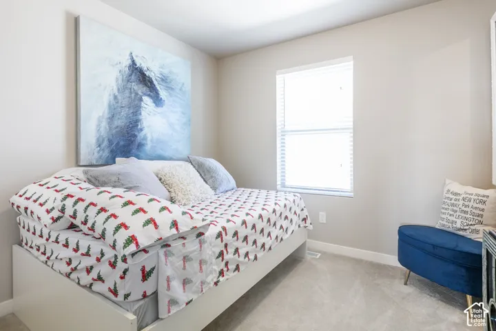 Recessed window with blinds, light gray wall color, and light-toned carpeting