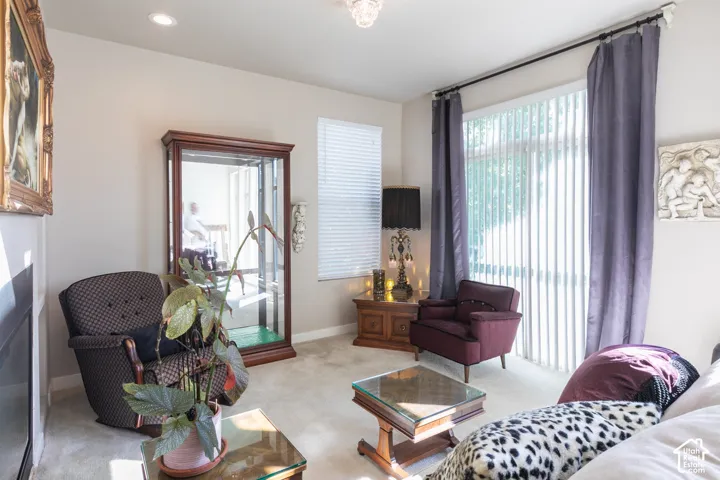Recessed ceiling lighting, vertical blinds, light-colored carpeting, and a glass-paneled sliding door