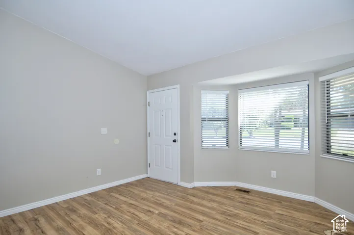 Wood-finish flooring with a white trim