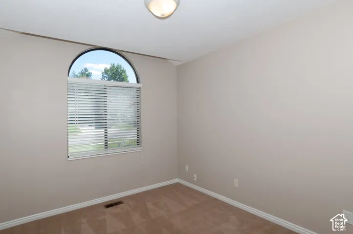 Arch-top window with blinds, neutral wall paint, white trim, and carpeted flooring