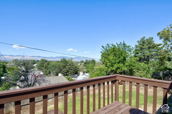 Wood-finish deck railing with a landscape backdrop