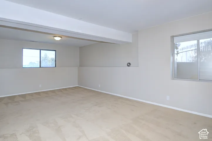Light-colored carpeting, neutral painted walls, and two windows providing natural illumination
