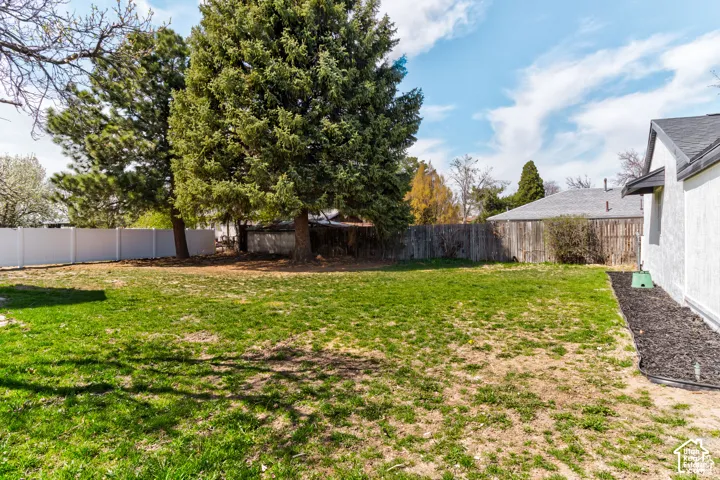 Expansive yard featuring mature trees, a manicured lawn, and a white privacy fence