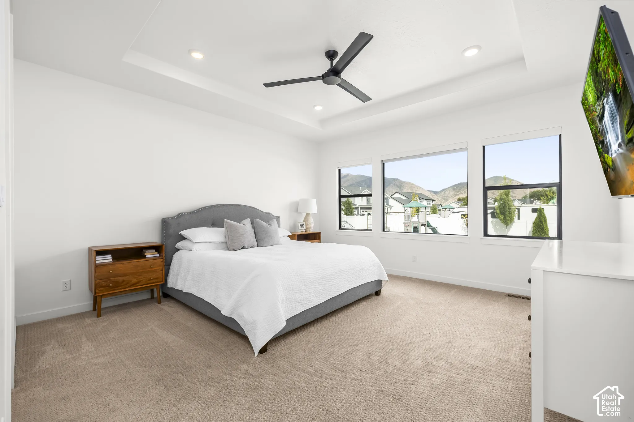 Tray ceiling with recessed lighting and a ceiling fan