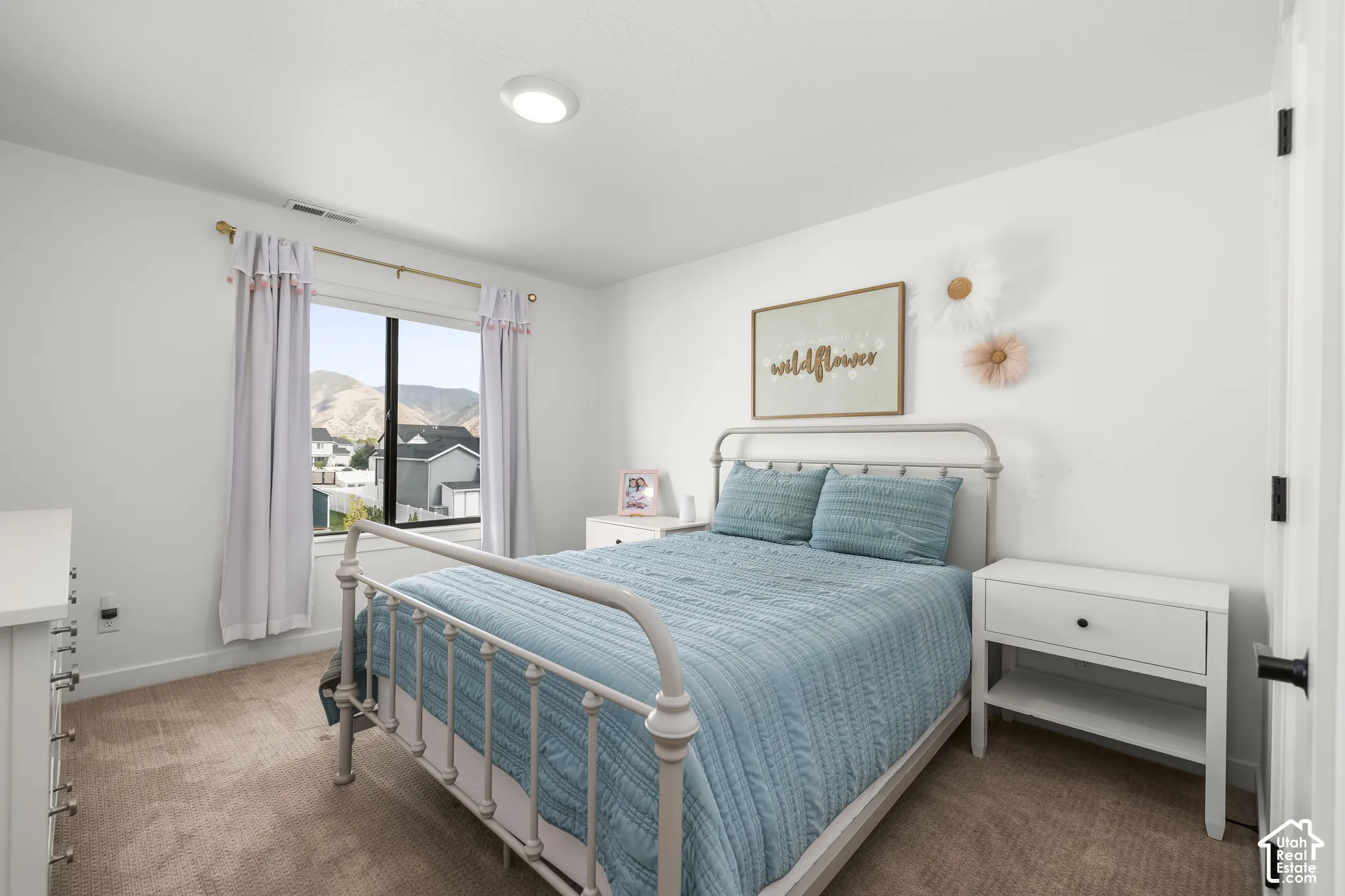 Recessed ceiling light, neutral wall color, window with mountain backdrop, and carpet flooring
