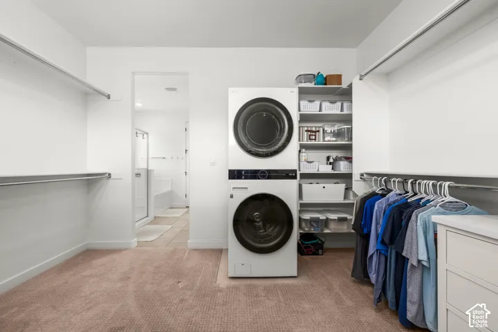 Integrated laundry appliances within a closet system featuring hanging rods, built-in shelving, and carpet flooring