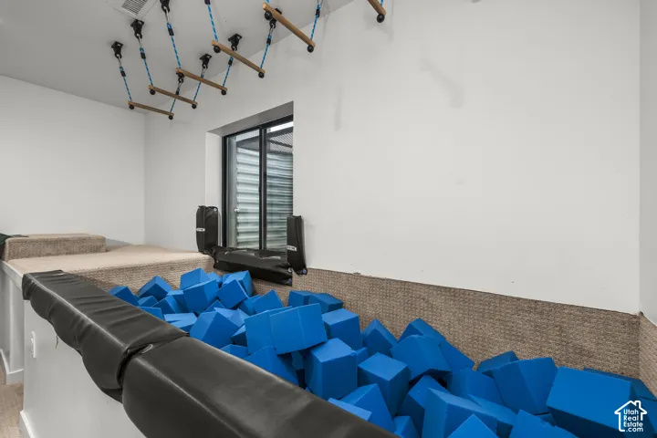 Built-in play structure with overhead suspended rungs, white walls, and a window with exterior grating