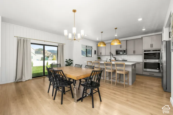 Open-concept kitchen and dining area featuring wood-finish flooring