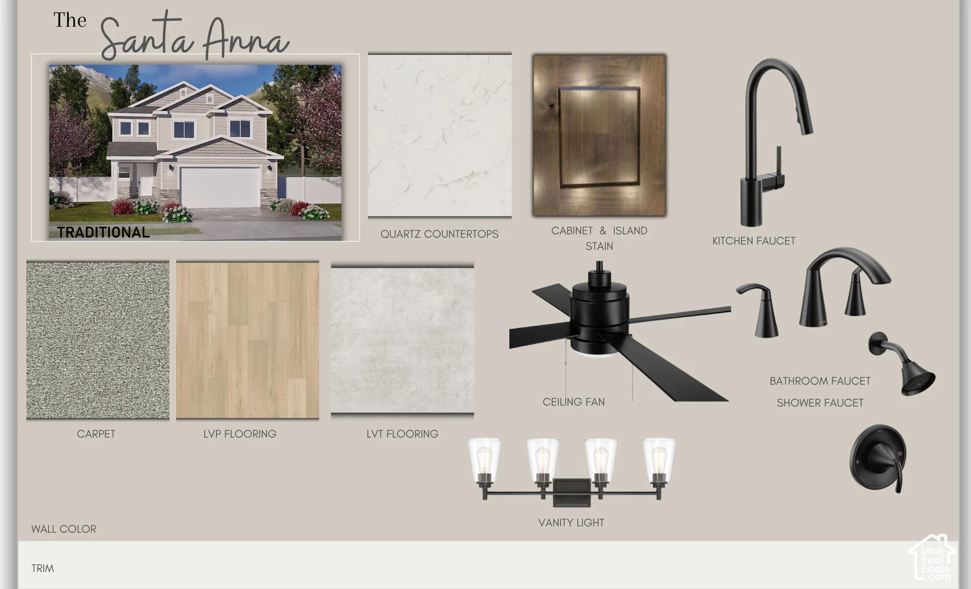 Design Board. An overview of material and fixture selections for the Santa Anna property design, including exterior rendering, flooring, countertops, cabinetry, and various plumbing and lighting fixtures
