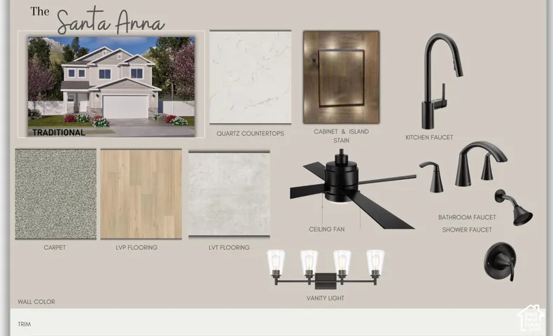 Design Board. An overview of material and fixture selections for the Santa Anna property design, including exterior rendering, flooring, countertops, cabinetry, and various plumbing and lighting fixtures