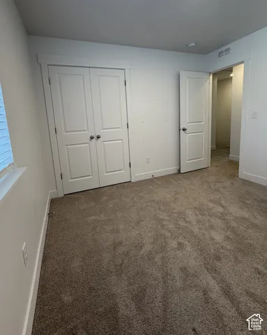 Plush carpeting, white paneled doors, white trim, and a window with horizontal blinds