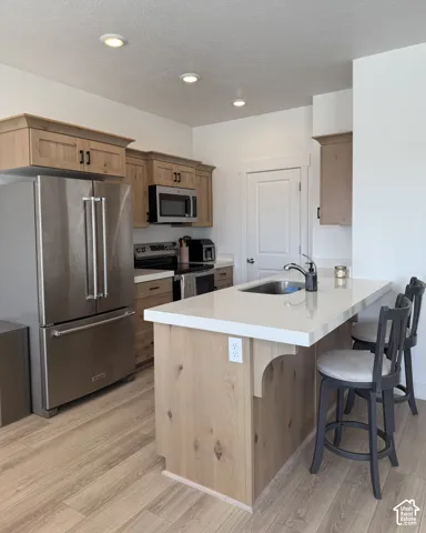 Stainless steel appliances, recessed ceiling lighting, light wood-finish cabinetry, light wood-finish flooring, and white countertops