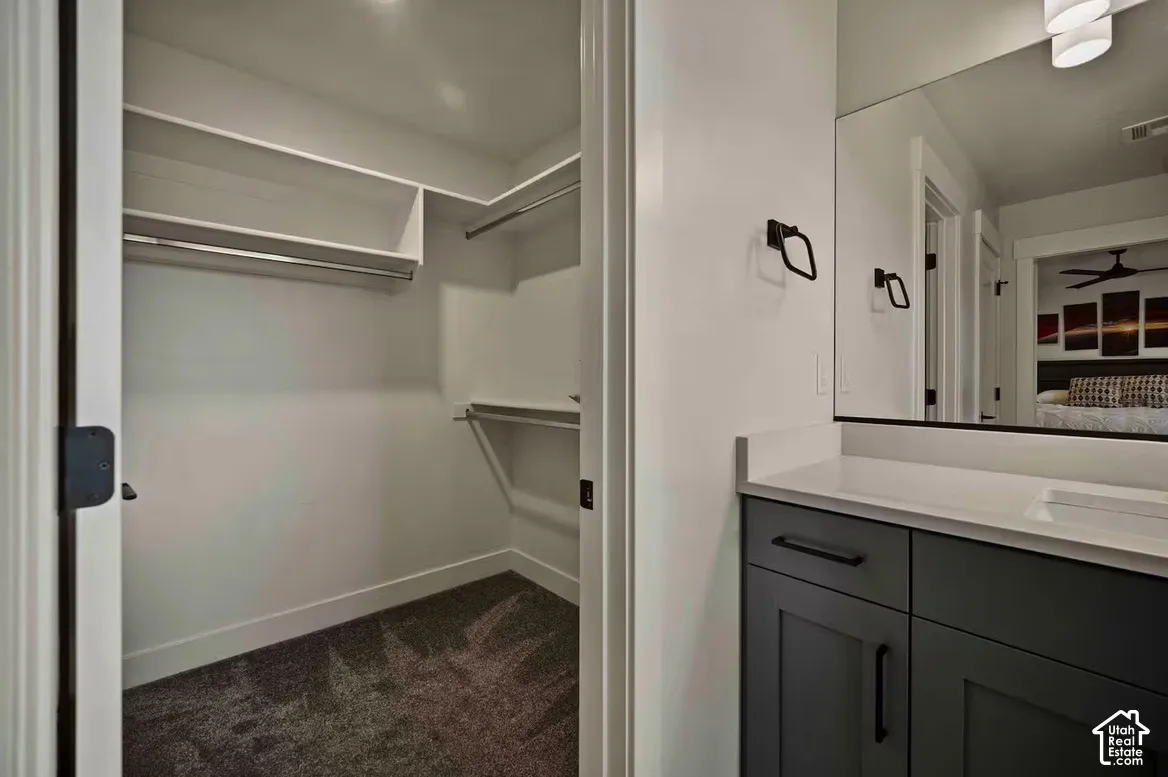 Walk-in closet with built-in shelving and hanging rods
