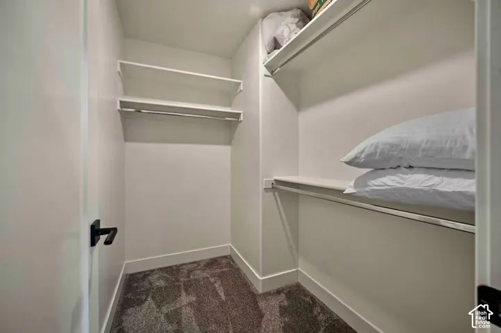 Walk-in closet featuring built-in shelving, hanging rods, and dark carpeting