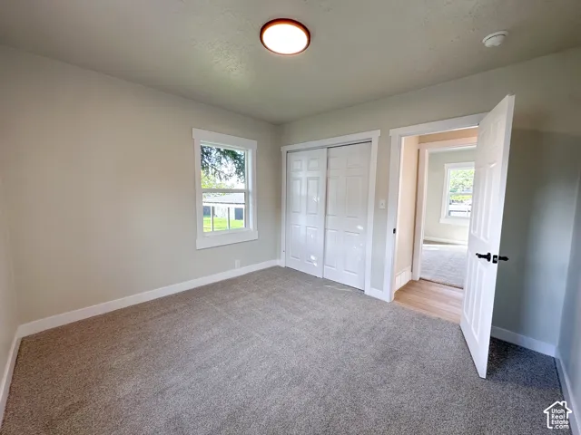 Neutral wall paint, plush carpet flooring, white trim details, ample natural light, and a functional closet with bi-fold doors