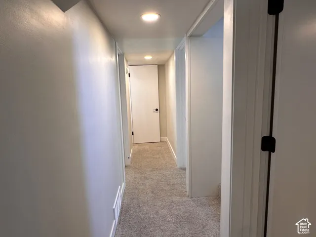 Hallway featuring neutral-toned carpeting, white interior doors with matte black hardware, and flush-mount ceiling lighting