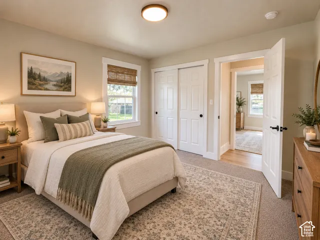 Bedroom featuring neutral wall paint, carpeted flooring, a multi-pane window with a woven shade, and sliding six-panel closet doors