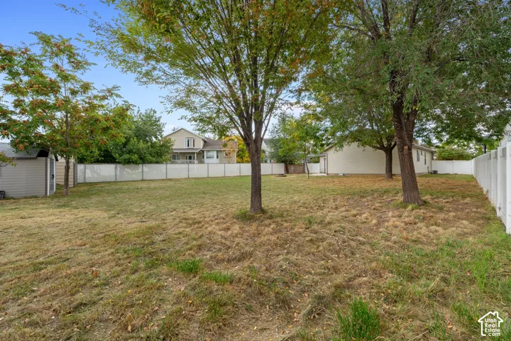Spacious 1/3 Acre backyard featuring mature trees, a white perimeter fence, and an exterior storage shed