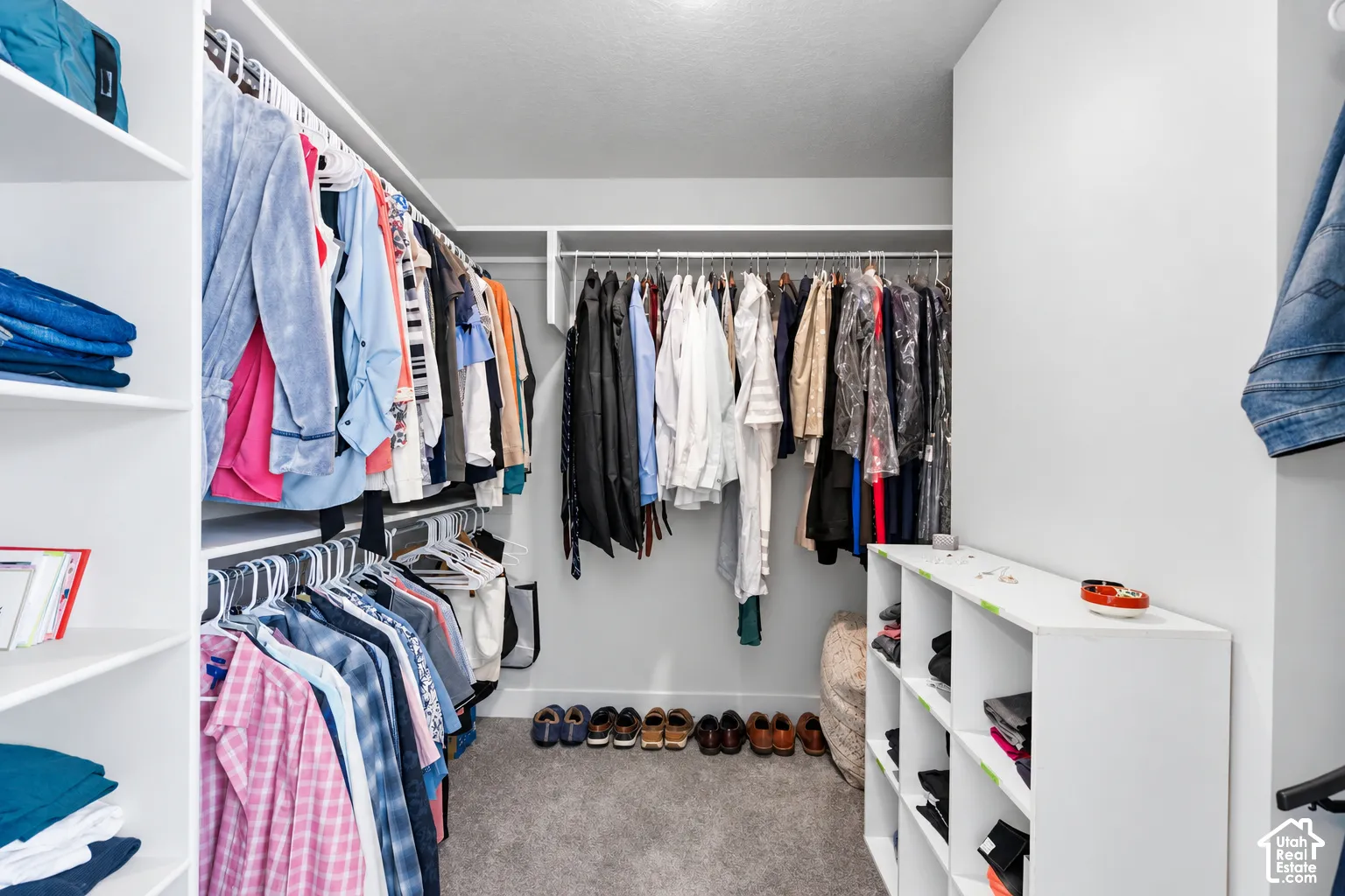 Custom closet system featuring multiple hanging rods, integrated shelving units, and carpet flooring.