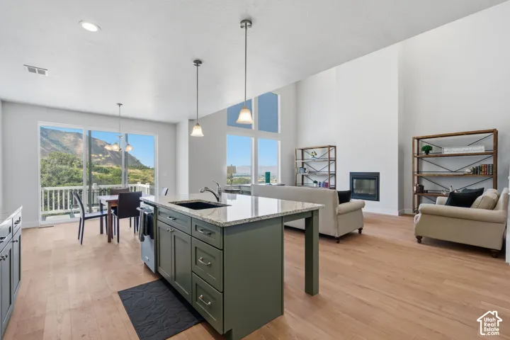 Open-concept living area featuring a chef's kitchen with a substantial island, stainless steel appliances, and cabinetry with hardware accents.