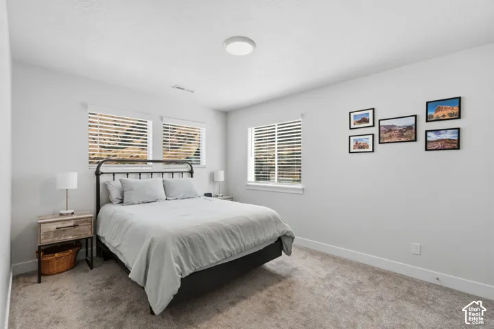 Plush carpeting, light gray wall paint, two windows with blinds, and recessed lighting.